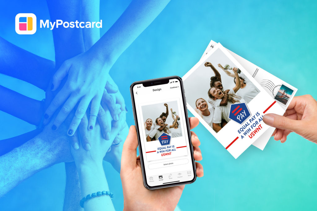 #EqualPayDay campaign – MyPostcard supports U.S. Women’s National Soccer Team Handy Hände Postkarte