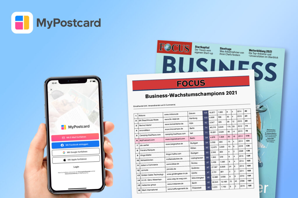 MyPostcard auf Platz 119 der FOCUS BUSINESS Wachstumschampions 2021 Hand Handy Zeitung