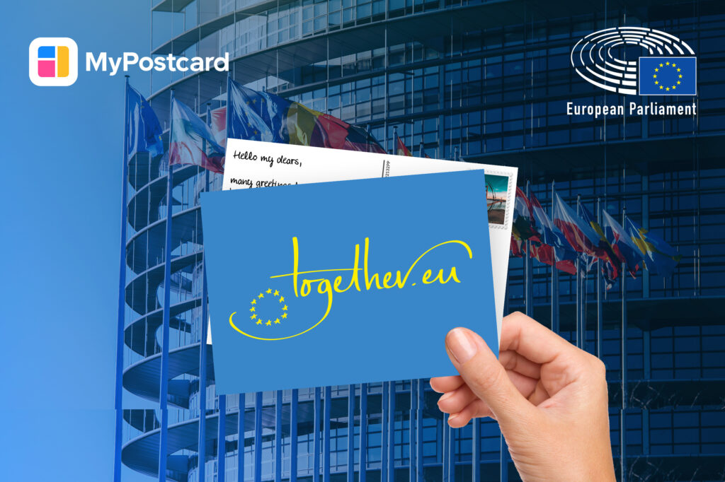 United for a strong Europe: MyPostcard cooperates with the European Parliament postcard hand European Parliament
